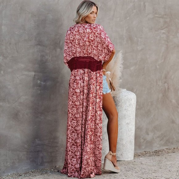 New Red Floral & Lace Kimono Maxi Beach Dress Cover-Up - Picture 4 of 12
